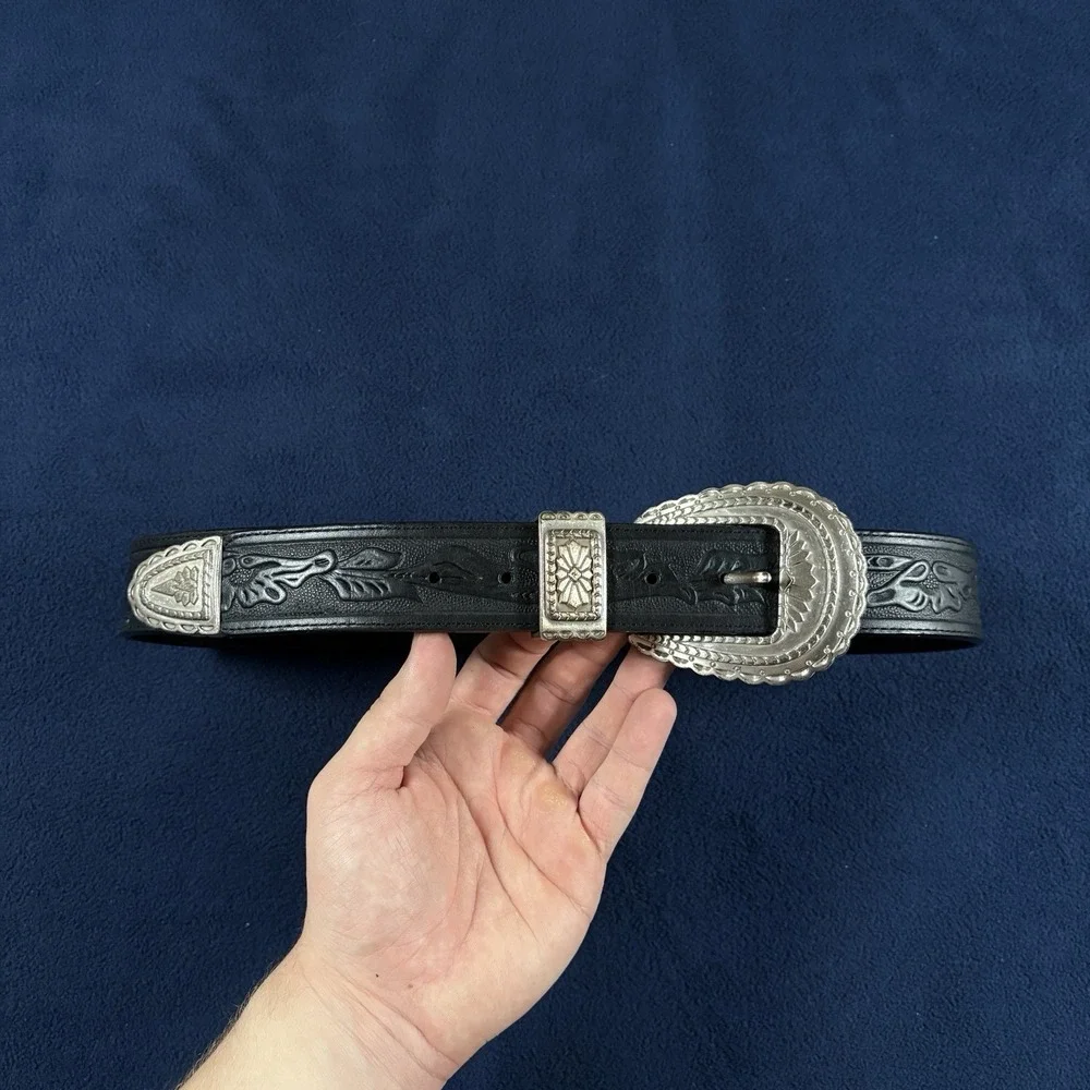 VTG Billy Belts Leather Tooled Western Belt 34 Black Silver 3pc Ranger Buckle